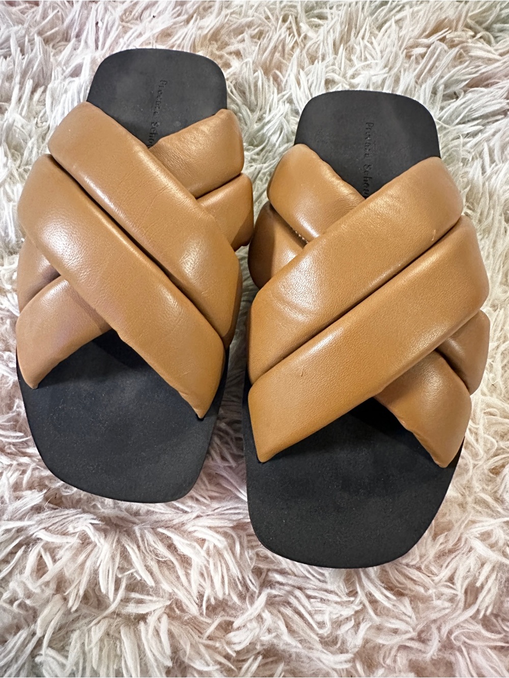 Proenza Schouler Float Padded Cross-Strap Slide Sandals in Camel Leather Size 38